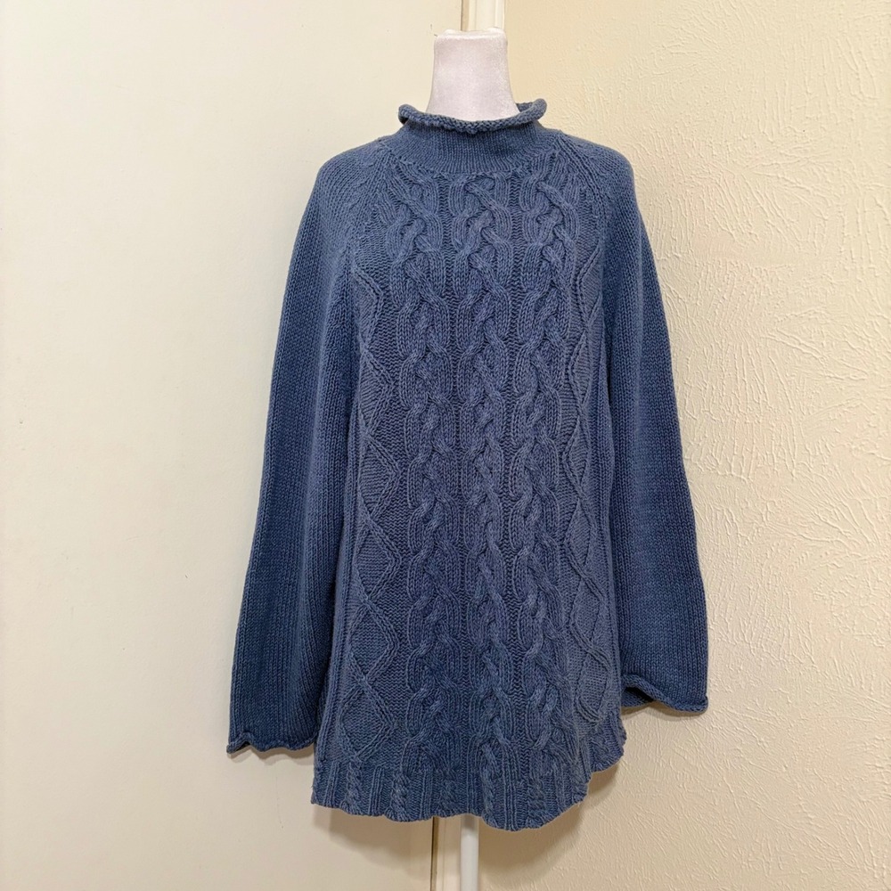 Oversized Dusty Blue Cable Knit Mock Neck Raglan Long Sleeve Cotton Sweater M